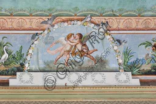 Dettaglio degli affreschi con uccelli e putti sulla volta della Sala degli Uccelli, Palazzo Reale dei Normanni a Palermo