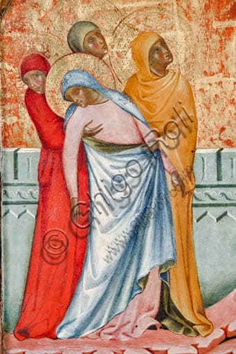 Particolare del dipinto Crocifissione (1355) di Paolo Veneziano, arte gotica italiana, Museo Nazionale di Palazzo Venezia, Roma.