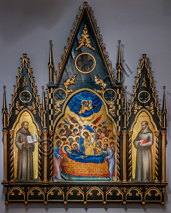 Dormitio Virginis di Paolo Veneziano, 1333, tempera su tavola con Santi Francesco e Antonio