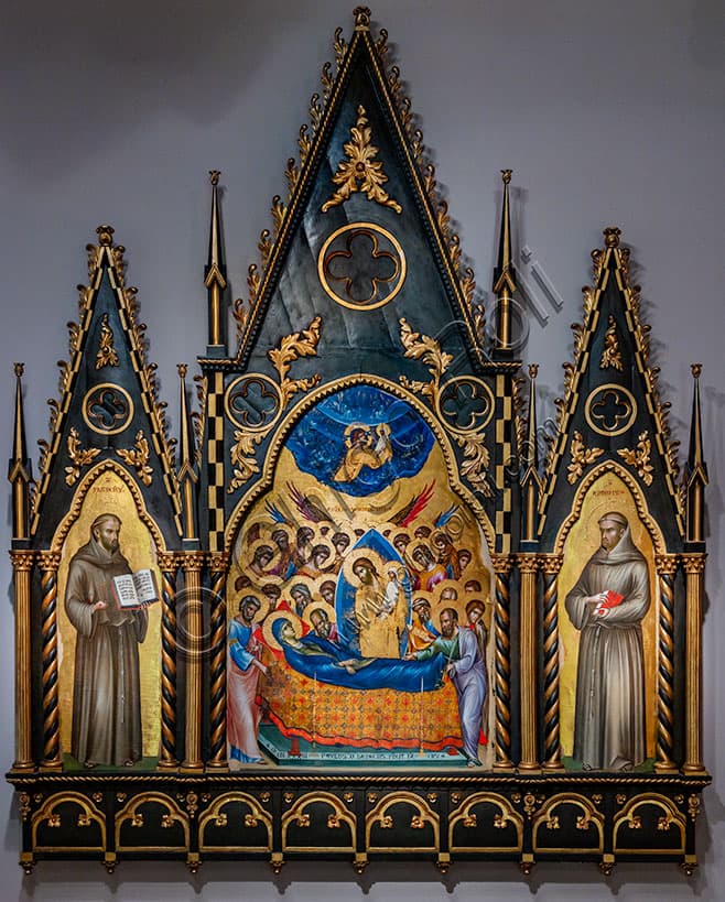 Dormitio Virginis di Paolo Veneziano, 1333, tempera su tavola con Santi Francesco e Antonio
