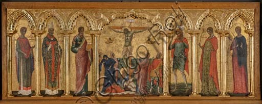 Polittico della Crocifissione di Paolo Veneziano, dettaglio arte gotica con santi Stratonico, Ermolao, Matteo, Cristoforo, Tecla, Abbondio