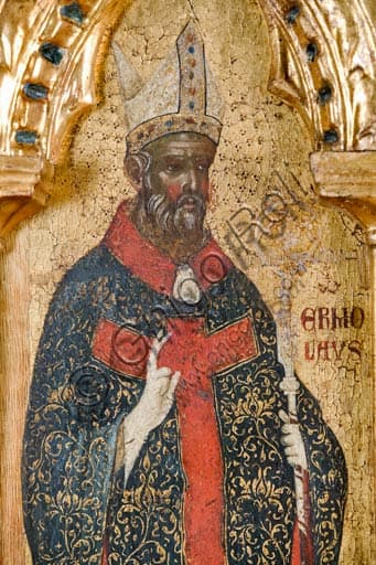 Particolare del Polittico della Crocifissione di Paolo Veneziano raffigurante San Ermolao, arte gotica a Rab, Croazia