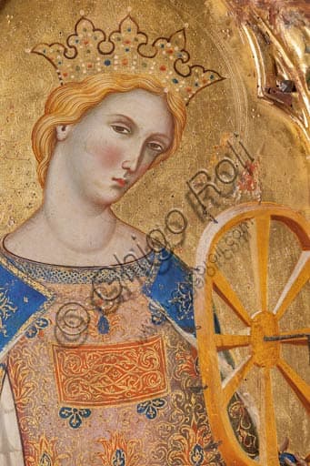 Dettaglio pittorico di Santa Caterina d'Alessandria con la ruota, polittico di Paolo Veneziano 1358