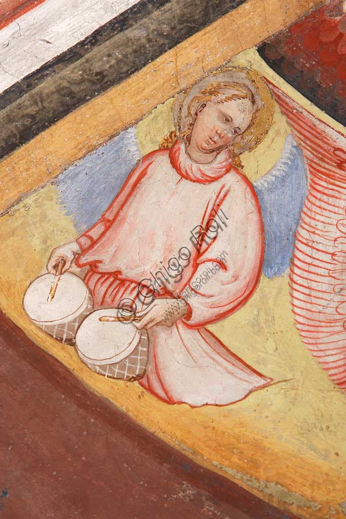 Detail fresco Master of Vignola: angel musician playing two drums, Ascension of Christ, Contrari Chapel, Vignola.