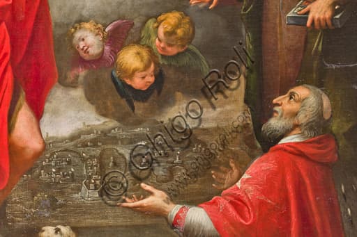 Detail painting Paolo Girolamo Piola: Pierre d'Aubusson shows port of Valletta Malta, inside Genoa Duomo