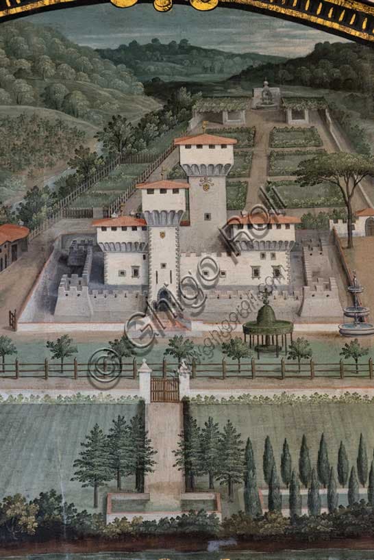 Particolare della lunetta 'Cafagiolo' di Giusto Utens con veduta aerea della Villa Medicea di Cafaggiolo, presso Barberino di Mugello, Toscana.