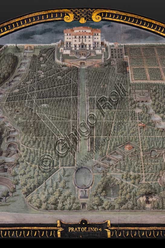 Particolare della lunetta dipinta da Giusto Utens con veduta aerea della Villa Medicea di Pratolino presso Firenze, Toscana.