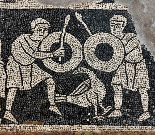 Detail of the 12th-century zodiac mosaic in the crypt of S. Savino Basilica, Piacenza