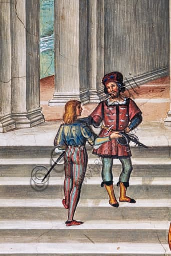 Dettaglio affresco Pinturicchio con due uomini d'arme sulla scalinata, Libreria Piccolomini, Duomo di Siena
