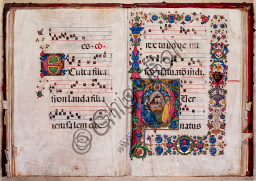 Miniatura della Natività di Pellegrino di Mariano, corale 102.8, Libreria Piccolomini del Duomo di Siena