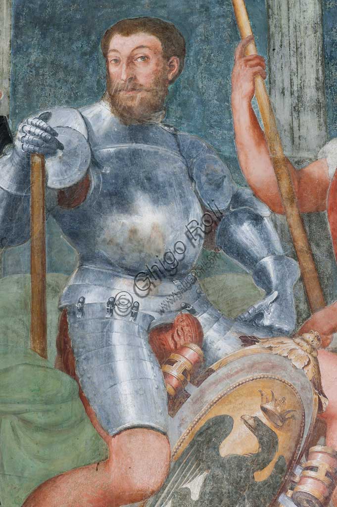 Particolare affresco Perin del Vaga, nobile con armatura e scudo, Loggia degli Eroi, Villa del Principe Genova