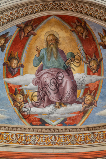 Particolare affresco Perugino Montefalco, Eterno in mandorla benedicente tra cherubini angeli inginocchiati, 1503