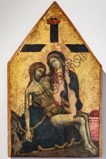 Pietà dipinto a tempera su tavola con fondo oro, pittore umbro 1330, Montefalco Museo San Francesco