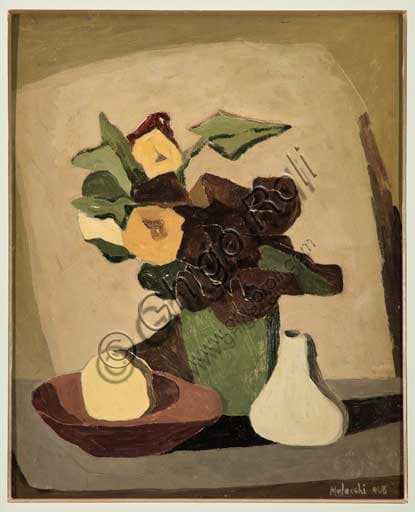 Dipinto Natura morta con vaso di fiori, olio su compensato di Pietro Melecchi, 1949