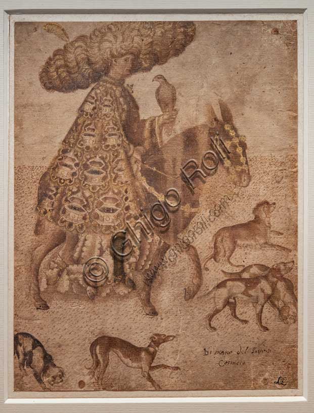 Disegno antico di cavaliere con falco, acquerello su carta di Pisanello