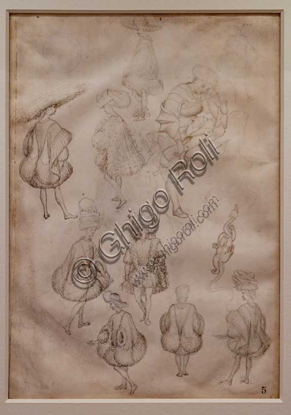 Disegno gotico del Pisanello con studi di figure, cavaliere e drago su pergamena