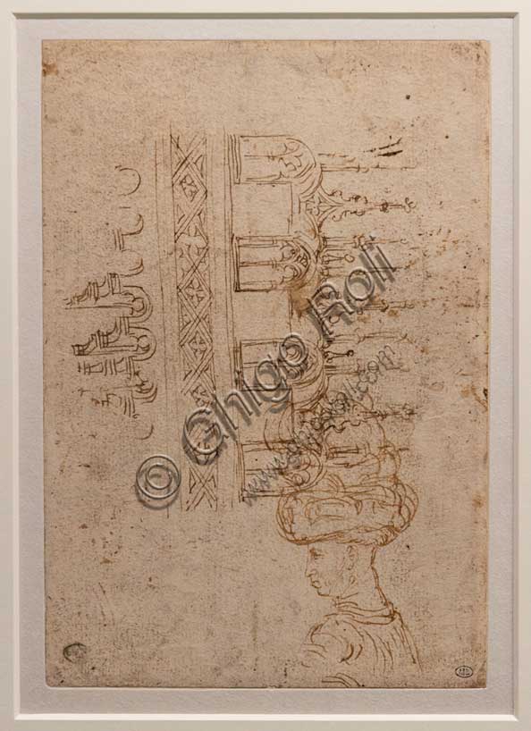Disegno di Pisanello con studi di architettura e ritratto di Niccolò III d'Este, 1432-1435
