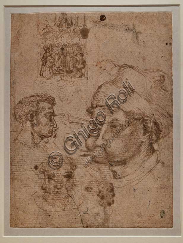 Disegno originale di Pisanello: studi di teste maschili, ancona e cavallo, penna e inchiostro su carta, 1433