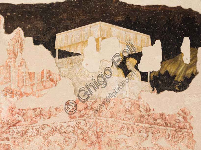 Pisanello, Torneo-battaglia di Louvezerp, dettaglio dame in baldacchino, Palazzo Ducale Mantova
