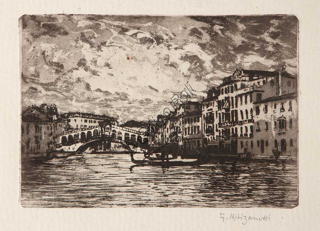 Acquaforte e acquatinta del Ponte di Rialto a Venezia di Giuseppe Miti Zanetti