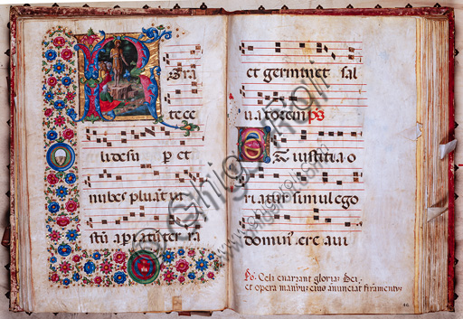 Miniatura 'Predica di San Giovanni Battista' di Girolamo da Cremona nel corale Piccolomini, Duomo di Siena