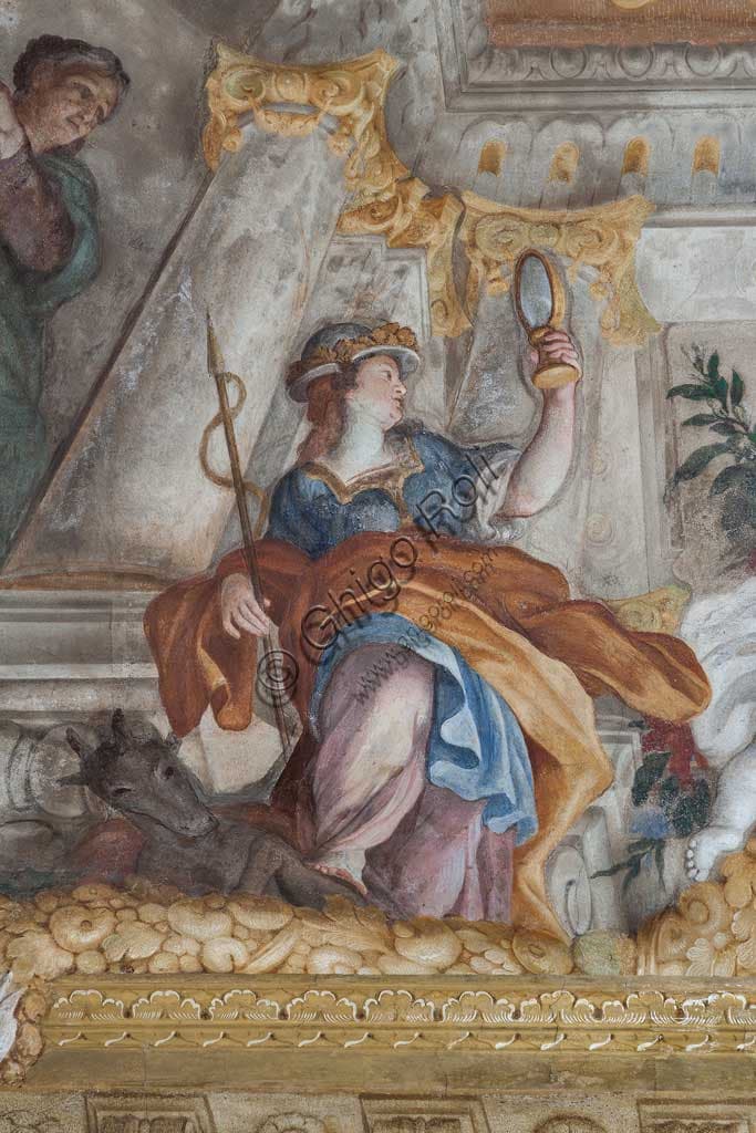 Detail of Prudence with a mirror in the Allegory of Human Life fresco by Giovanni Andrea Carlone, Palazzo Rosso Genoa