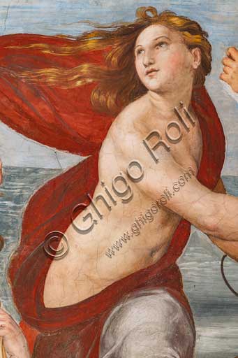 Dettaglio de Il Trionfo di Galatea di Raffaello, ninfa sul cocchio di conchiglia trainato da delfini