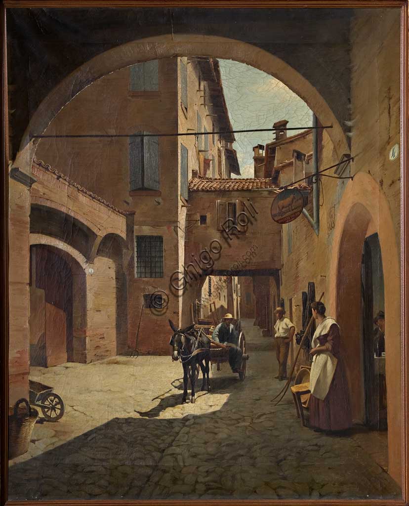 Dipinto Vicolo del bue di Raimondo Muratori che raffigura un angolo della Vecchia Modena, Collezione Assicoop-Unipol