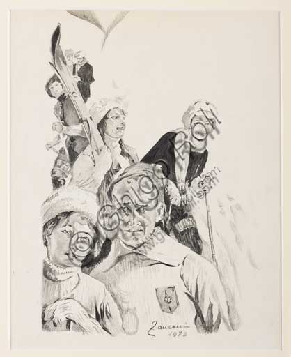 Dipinto Gli Sciatori di Remo Zanerini, Collezione Assicoop-Unipol, opera d'arte figurativa
