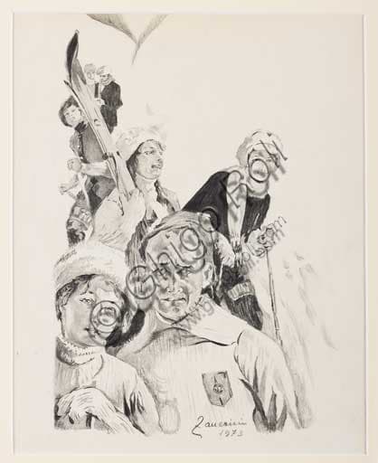Dipinto Gli Sciatori di Remo Zanerini, Collezione Assicoop-Unipol, opera d'arte figurativa
