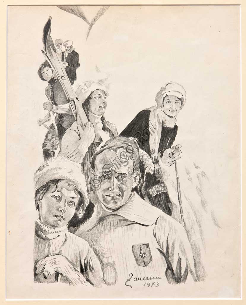 Disegno Gli Sciatori di Remo Zanerini, matita su carta, Collezione Assicoop Unipol
