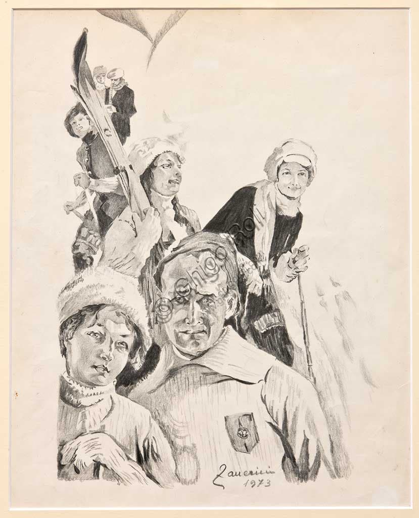 Disegno Gli Sciatori di Remo Zanerini, matita su carta, Collezione Assicoop Unipol