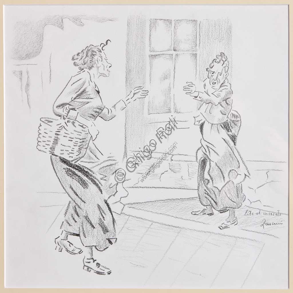 Disegno a matita su carta Lite al mercato di Remo Zanerini, Collezione Assicoop Unipol, rappresentazione di una scena di vita quotidiana