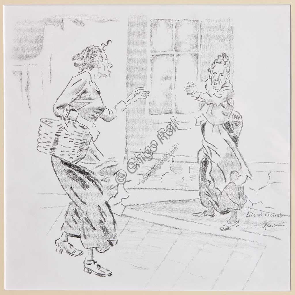 Disegno a matita su carta Lite al mercato di Remo Zanerini, Collezione Assicoop Unipol, rappresentazione di una scena di vita quotidiana