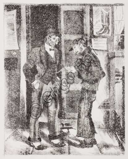Litografia 'Ragazzo guarda l'orologio da taschino' di Remo Zanerini, arte italiana del '900