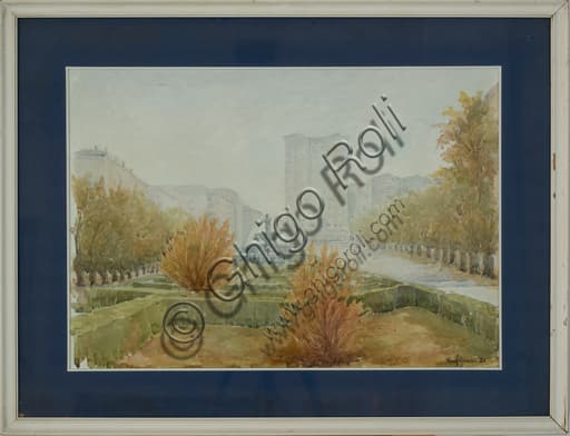 Acquerello L'autunno in largo Garibaldi di Rino Golinelli, paesaggio urbano di Modena autunnale