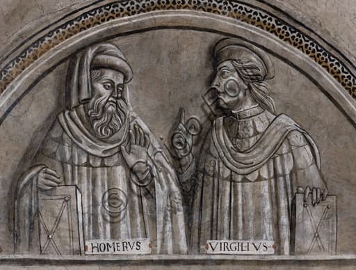 Ritratti di Omero e Virgilio, affresco monocromo, scuola di Luca Signorelli, Libreria Alberi MODO Orvieto
