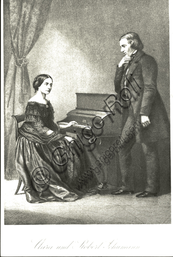 Incisione ritratto di Clara Wieck e Robert Schumann seduti al pianoforte, arte romantica tedesca