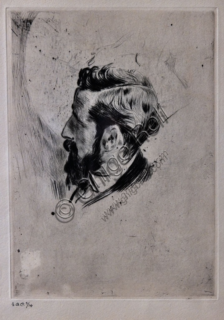 Ritratto di Paul Helleu di profilo, puntasecca su carta di Giovanni Boldini (1900)