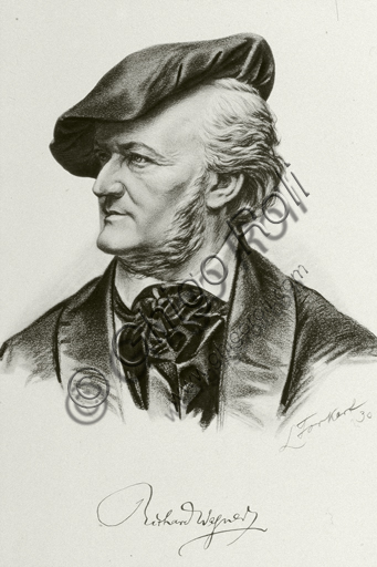 Ritratto litografico di Richard Wagner, dettaglio disegno a matita e carboncino