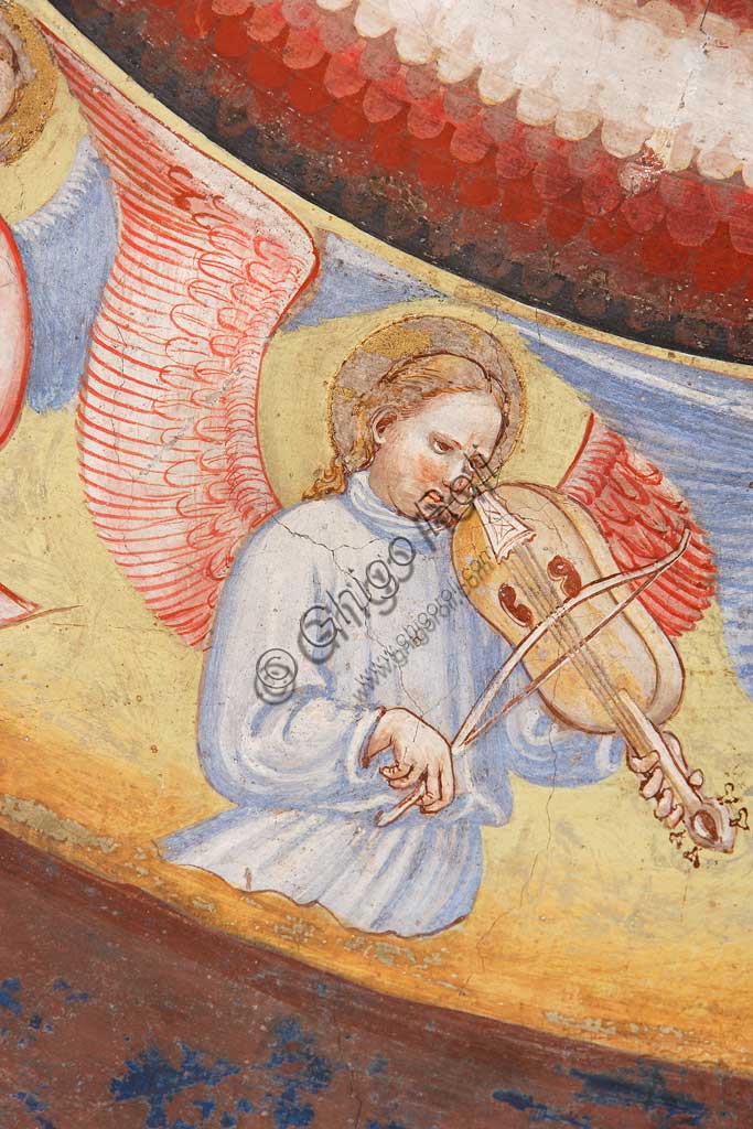 Parte dell'affresco Ascensione di Cristo nella Cappella Contrari: angelo che suona un violino, Maestro di Vignola, 1420 ca.