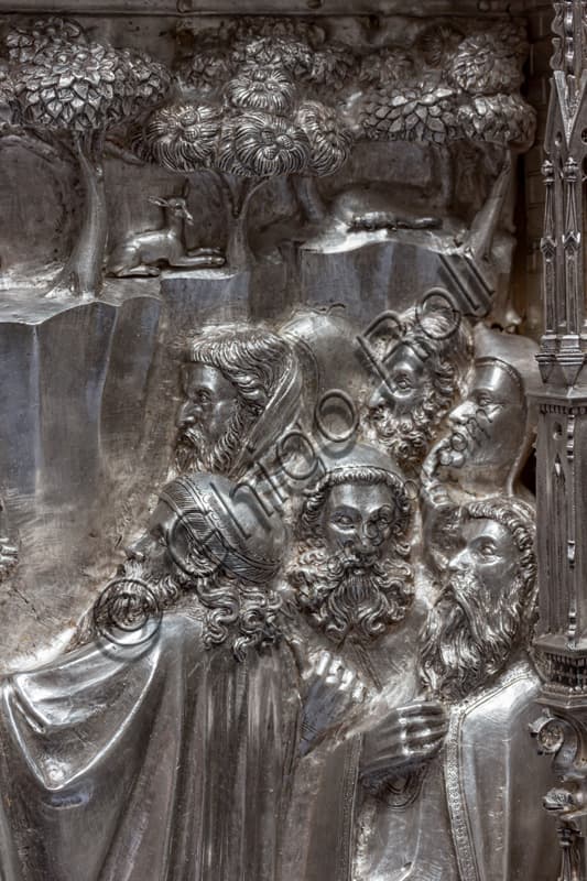 Silver tile St. John baptizes the crowds, The Silver Altar of St. John's Treasure, Museum of the Opera del Duomo Florence, Florentine Gothic art