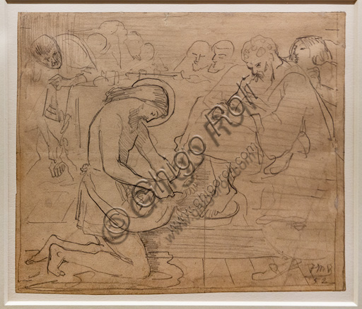 Schizzo a grafite Gesù lava i piedi di Pietro, Ford Madox Brown 1852, disegno arte preraffaellita