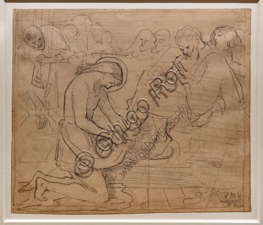 Schizzo a grafite Gesù lava i piedi di Pietro, Ford Madox Brown 1852, disegno arte preraffaellita