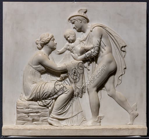 Scultura in marmo bassorilievo Mercurio affida Bacco infante a Ino, Bertel Thorvaldsen