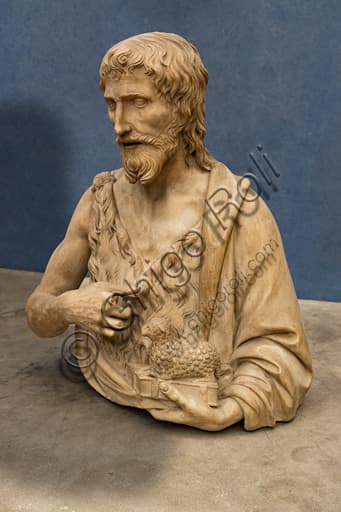 Scultura in marmo di San Giovanni Battista, primo Rinascimento toscano, dettaglio del volto