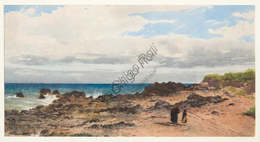 Paesaggio acquerello di Silvestro Barberini, pittura italiana dell'Ottocento, Collezione Assicoop-Unipol