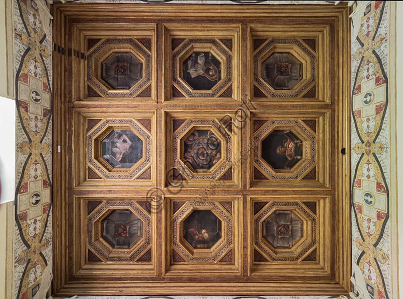 Soffitto a cassettoni affrescato da Agostino da Mozzanica, Camera delle Vittorie, Palazzo Te Mantova