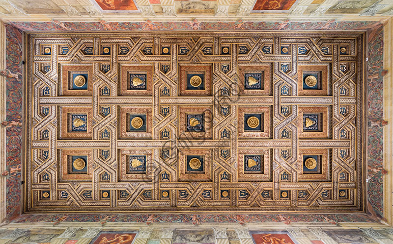 Soffitto a cassettoni Sala dei Cavalli Palazzo Te Mantova, dettaglio lacunari e imprese Gonzaga