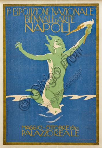 Stampa cromolitografica originale del manifesto di Marcello Dudovich per la Prima Biennale d'Arte Nazionale a Palazzo Reale, Napoli 1921